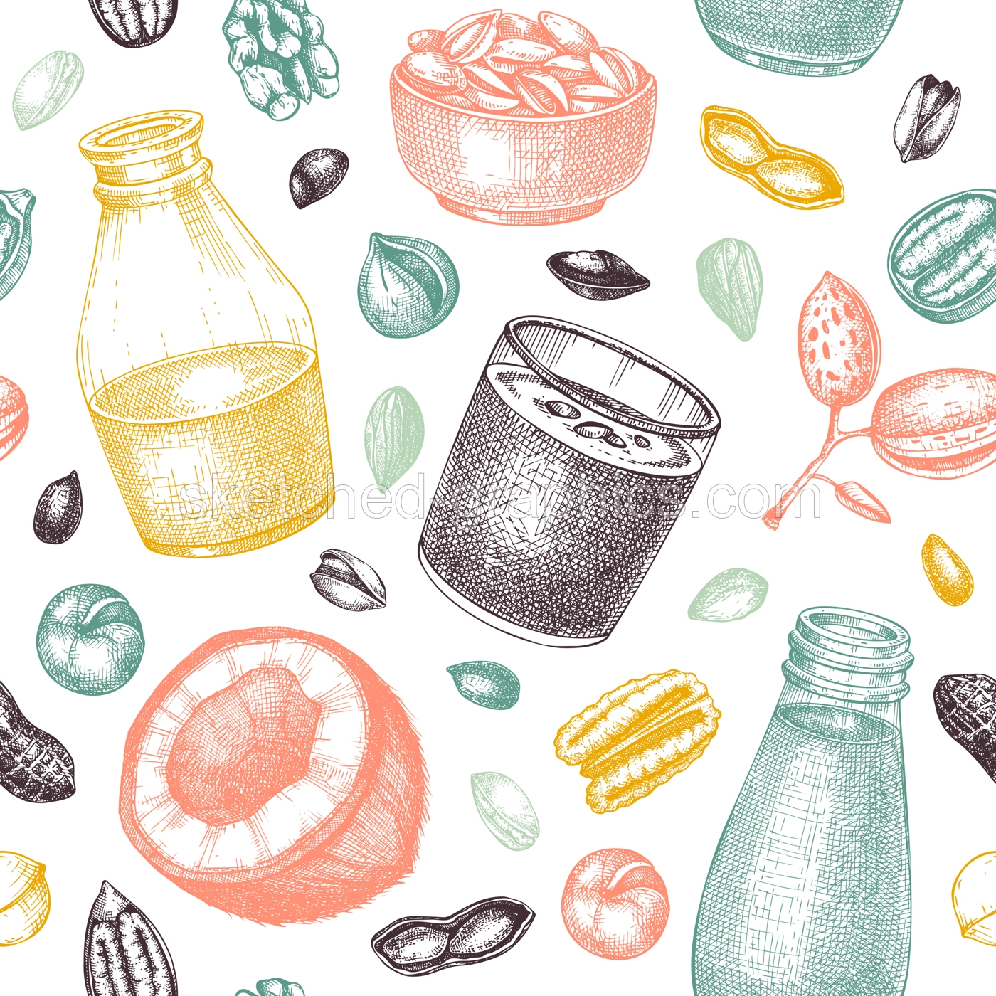 Vegetarian food pattern. Dairy products seamless endless background design. Repeating print with plant milk in glass, bottle, almond, pecan, coconut, pistachio. Nut milk vector sketches Illustration